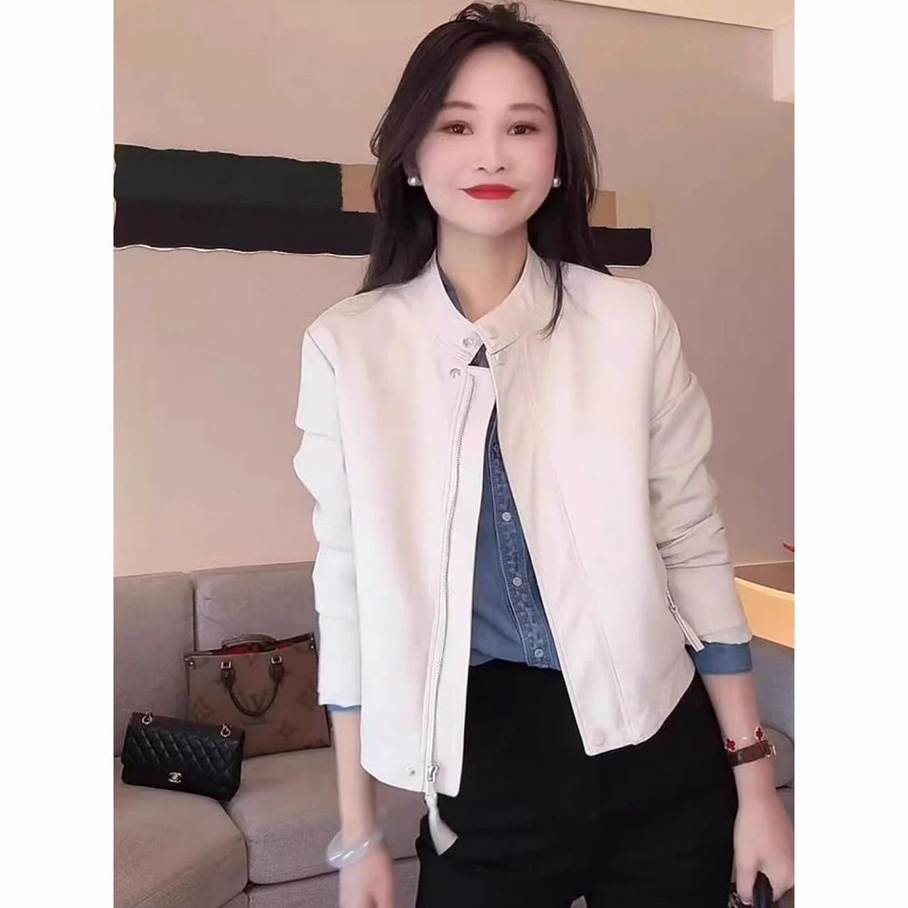欧货立领时尚皮衣短款外套女2024春季新款休闲气质夹克上衣机车服