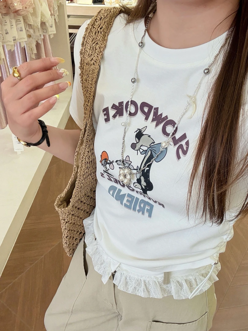 【BayaLi】2025春夏季新品猫和老鼠侧面抽绳显瘦T恤