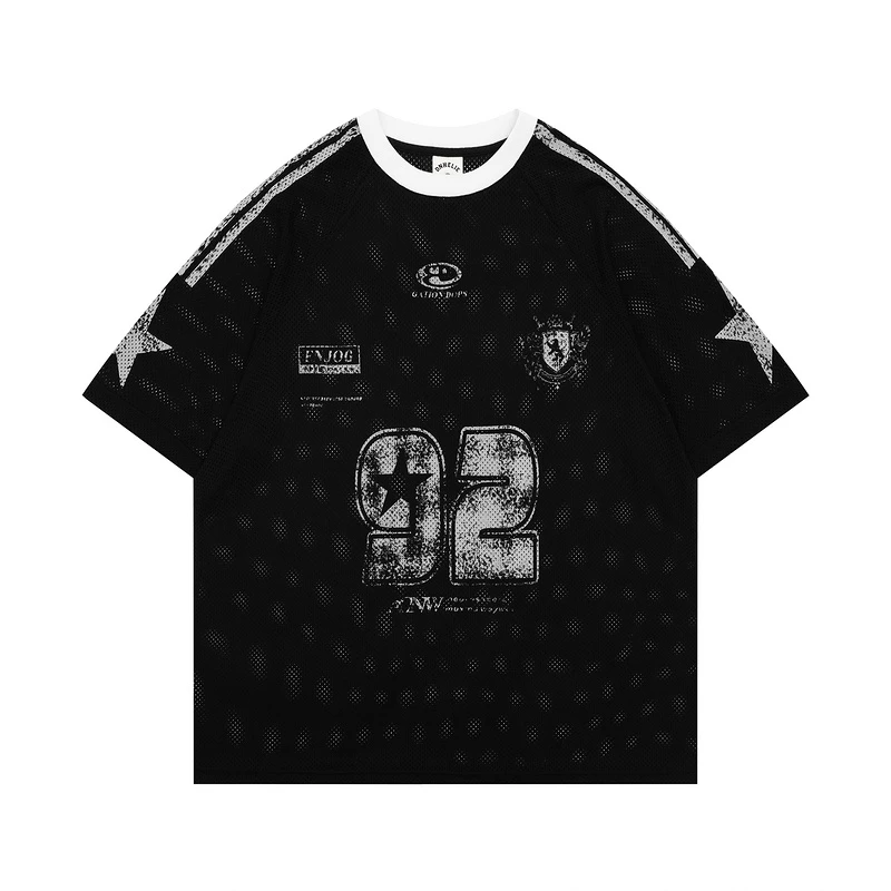美式复古做旧街头运动风拼接数字印花短袖t恤欧美宽松中性风短T恤