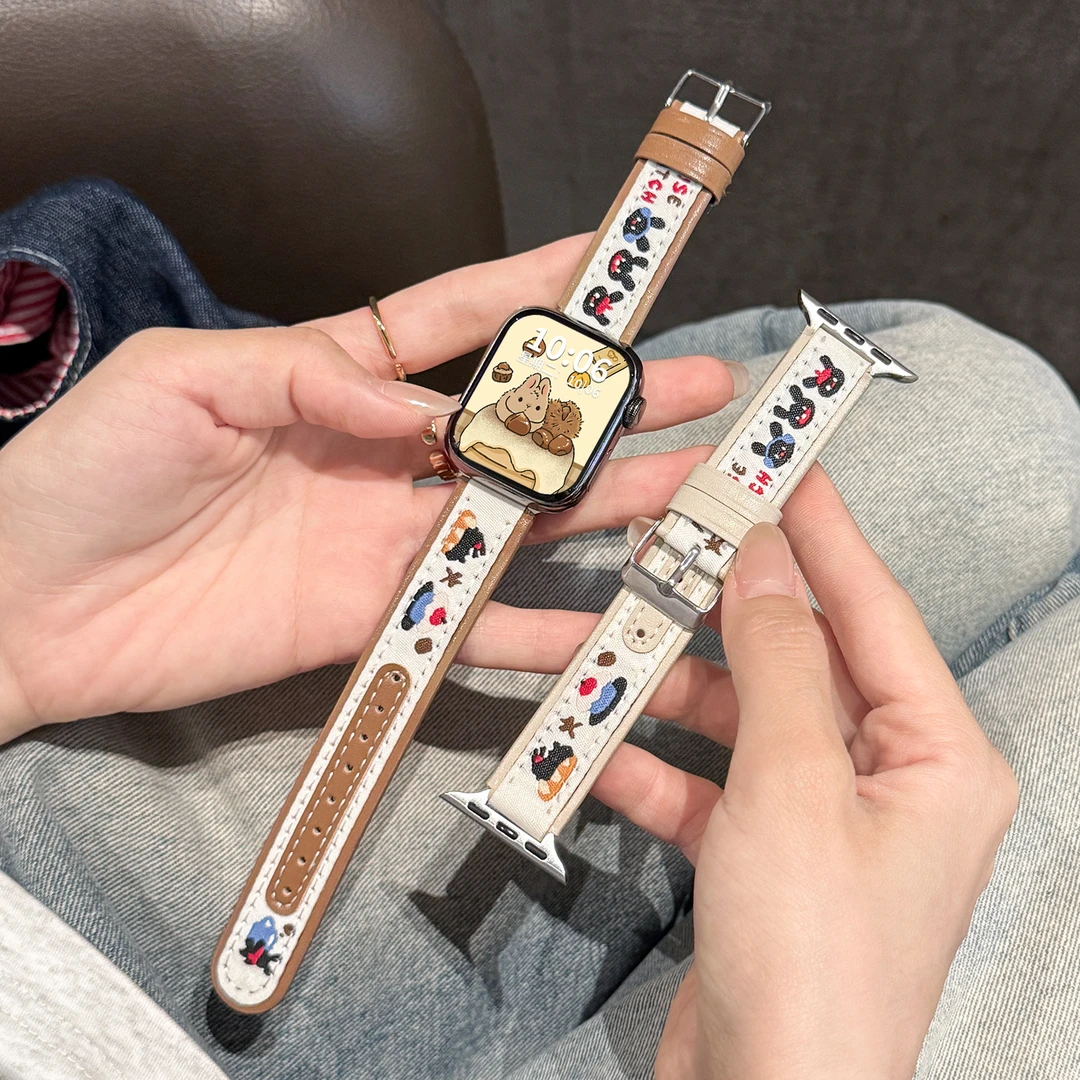 卡通印花小黑兔表带s11适用iwatch手表applewatch苹果s10手表配件