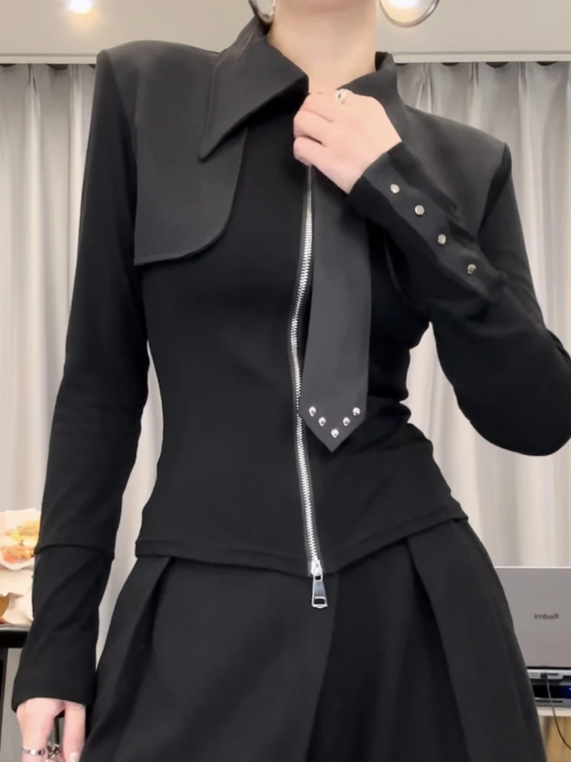 D2689秋冬黑色翻领衬衫女长袖金属装饰领带御姐设计别致衬衣上衣