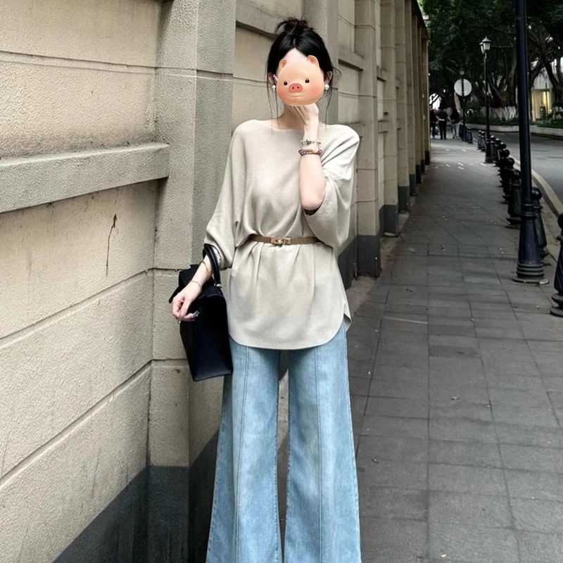 法式圆领冰丝短袖针织衫女夏季老钱风穿搭宽松显瘦设计感收腰上衣