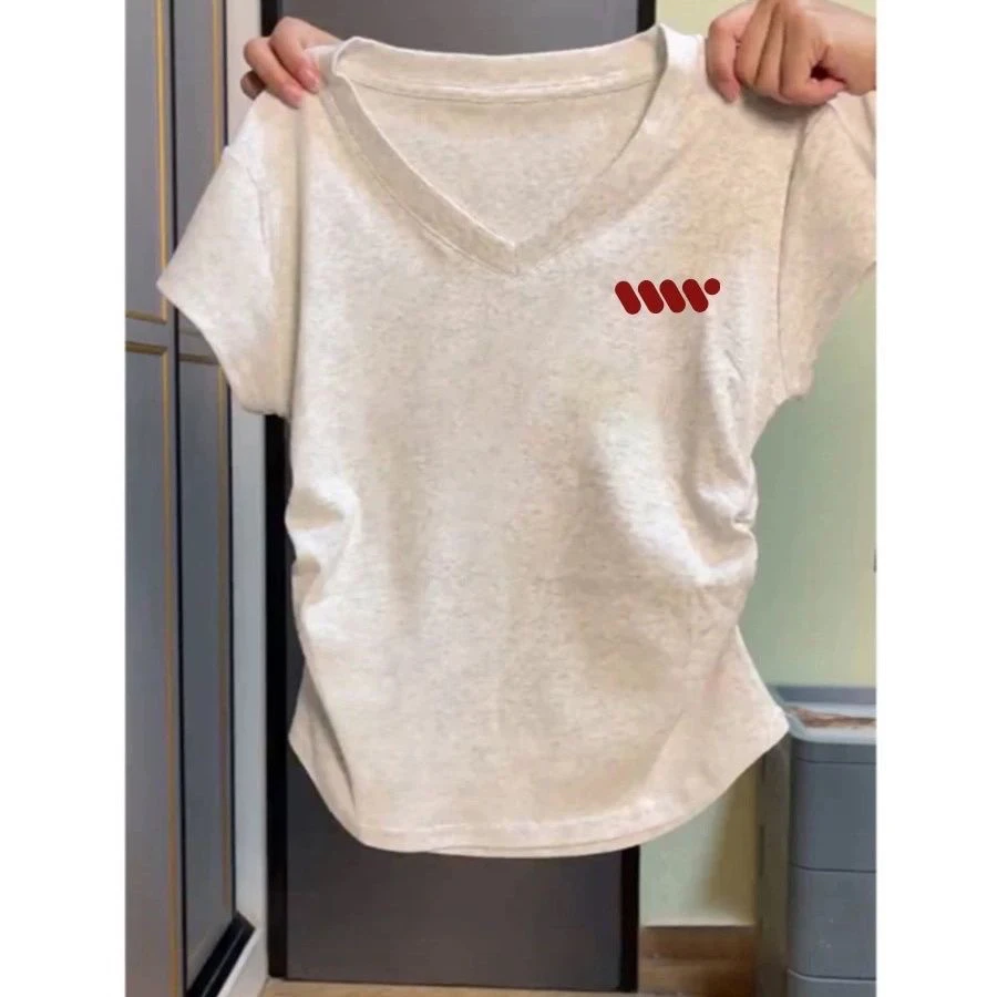 设计感简约印花V领上衣女夏季掐腰褶皱T恤美式千金清冷感正肩t恤