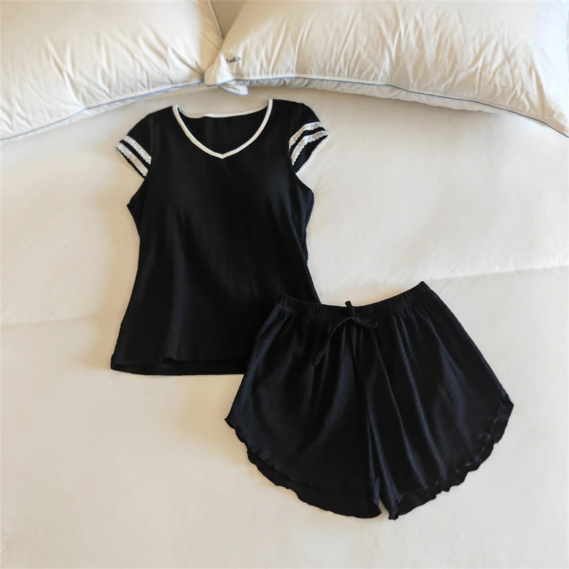 新款纯棉带胸垫无袖短裤女士夏季全棉睡衣修身甜美外穿家居服薄款