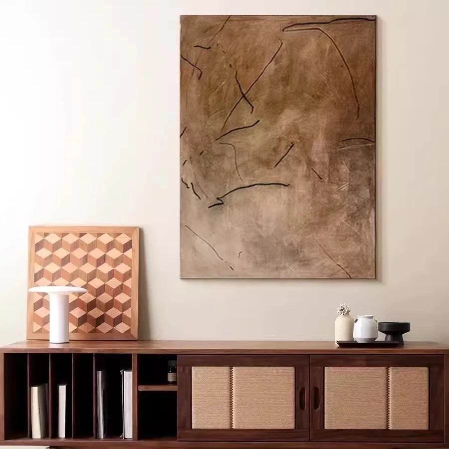 【巴比松】手绘油画民宿客厅侘寂风挂画玄关抽象复古肌理高级装饰画