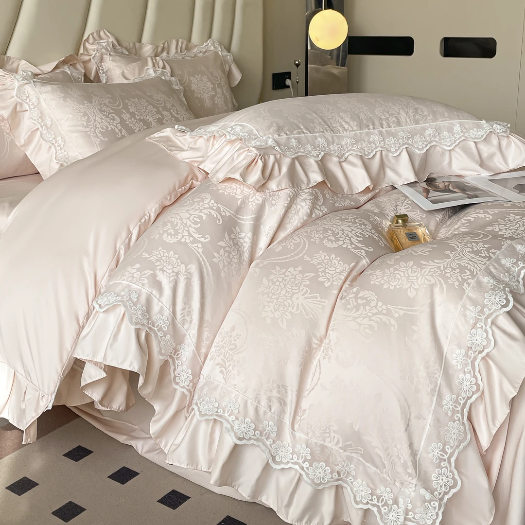 高档法式花边款提花水洗冰丝被套四件套亲肤柔软床单被罩床上用品