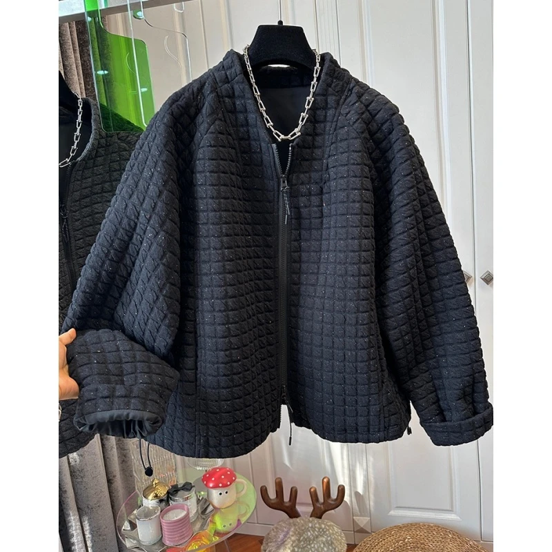 超好看亮片V领双拉链格子夹棉外套女棉服宽松时尚慵懒2025秋季款