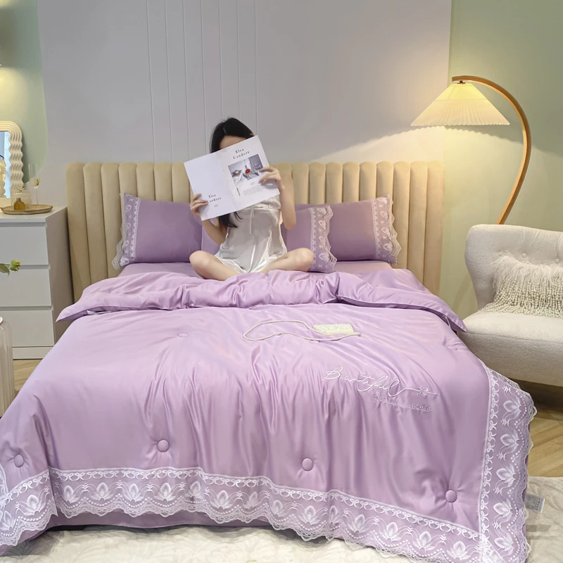 水星系列款家纺2025新款水洗冰丝蕾丝花边夏被四件套轻奢夏被花边