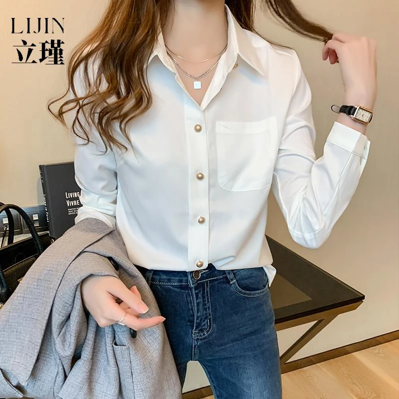白色雪纺衬衫女秋冬2025新款法式高级感职业衬衣加修身蕾丝打底衫