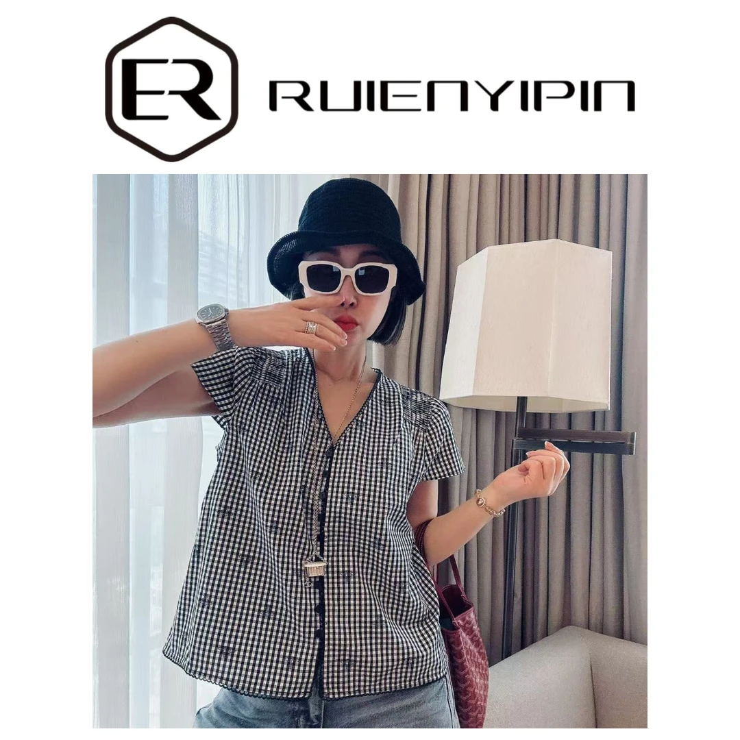 7172#【炫妈】V领设计格子短袖显瘦时尚