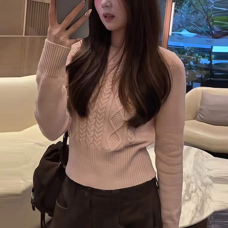 粉色麻花长袖针织内搭女秋冬毛衣打底衫2025新款韩系减龄宽松上衣