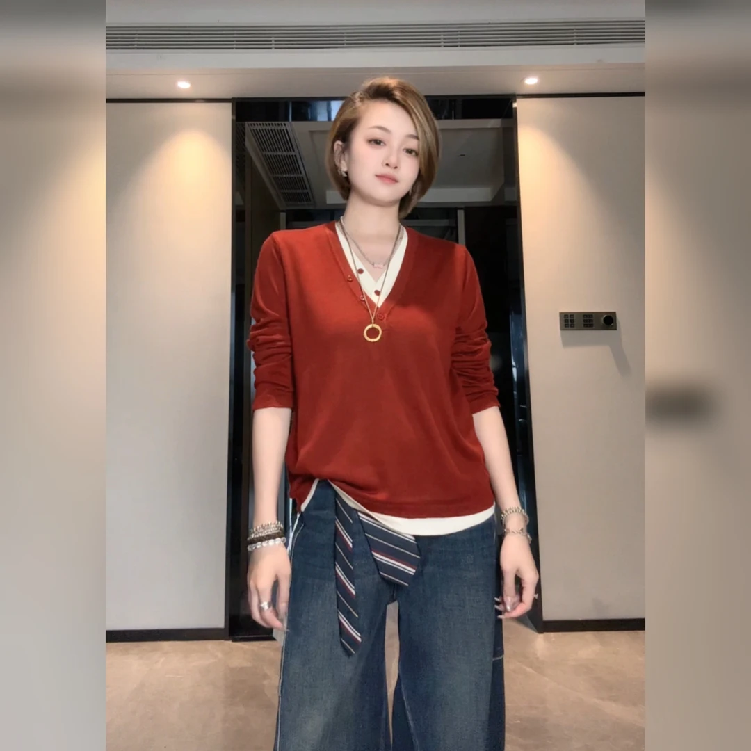 25621秋季纯色休闲正肩显瘦长袖假两件针织衫