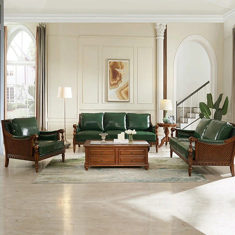 老李家具美式简约纯实木沙发真皮一二三人位组合客厅家具绿皮沙发