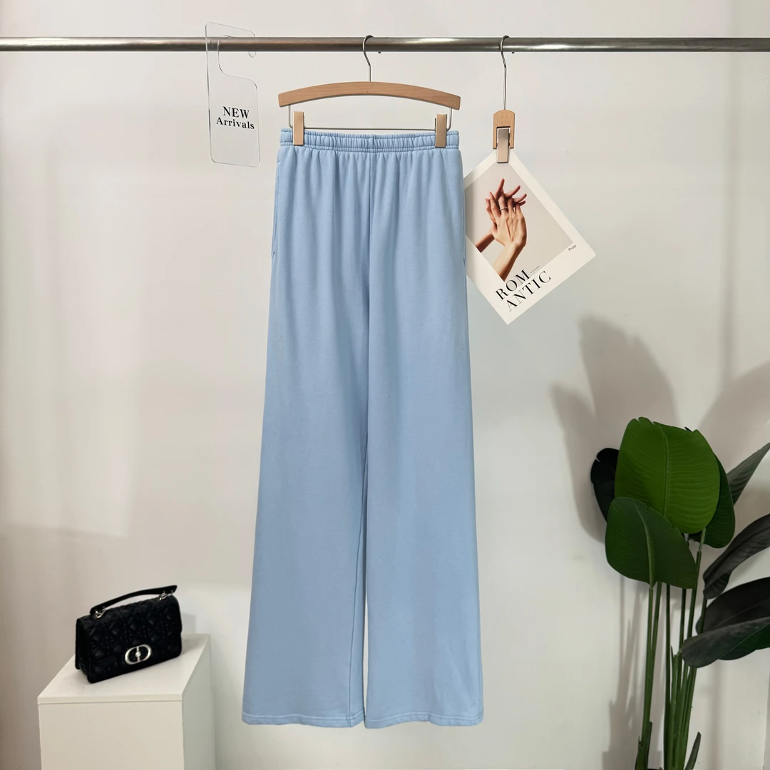 C544慵懒风春季瑞丽风微弹高腰宽松蓝色薄款休闲裤153Z