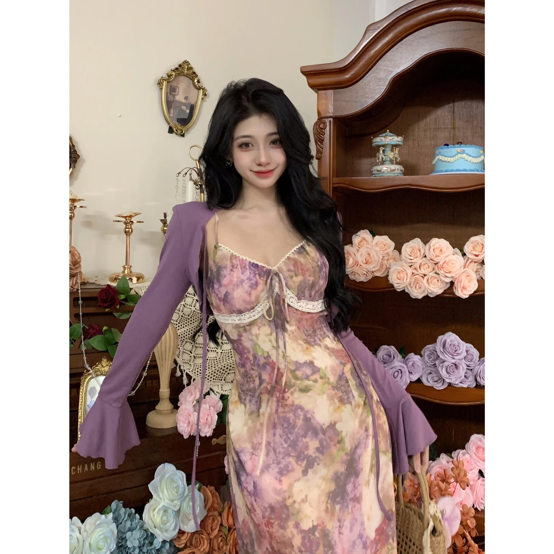 大码紫藤花吊带连衣裙法式v领收腰夏季蕾丝显瘦包臀长裙+紫色开衫