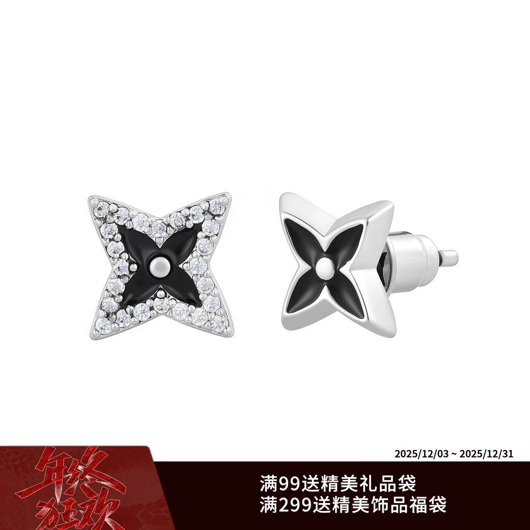 ICEGANG 925银莫桑石耳饰 S925银四叶草Spike圈钻耳钉轻奢黑色