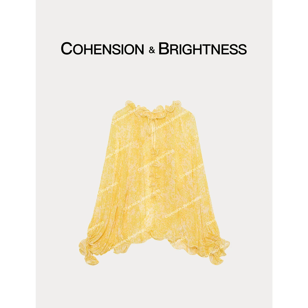 凝慧真的好【雨后柠檬】春夏甜美风木耳领印花灯笼袖百搭衬衫CQ355