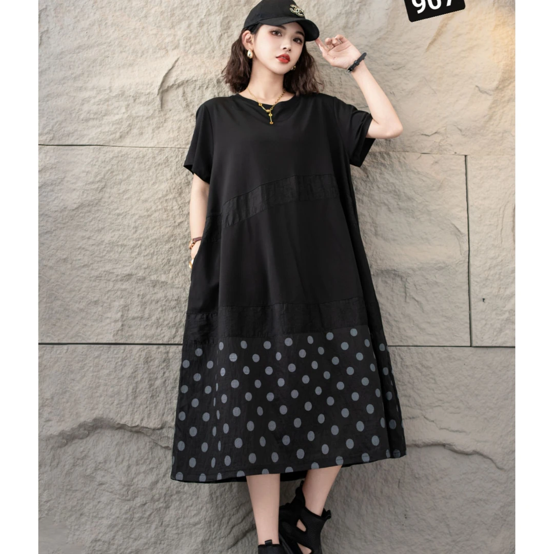 夏季气质黑色连衣裙显瘦设计款波点裙简约时尚百搭宽松大码圆领