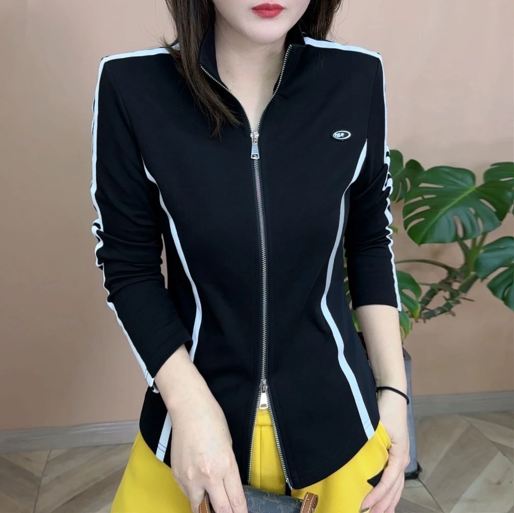 2025春季新品时尚百搭修身显瘦设计感双拉链显瘦女士长袖上衣7857