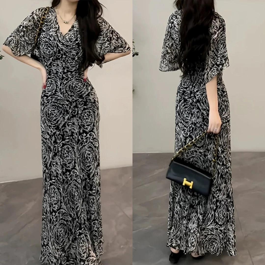 法式气质优雅短袖连衣裙女2025夏季新款收腰设计感超好看收腰长裙