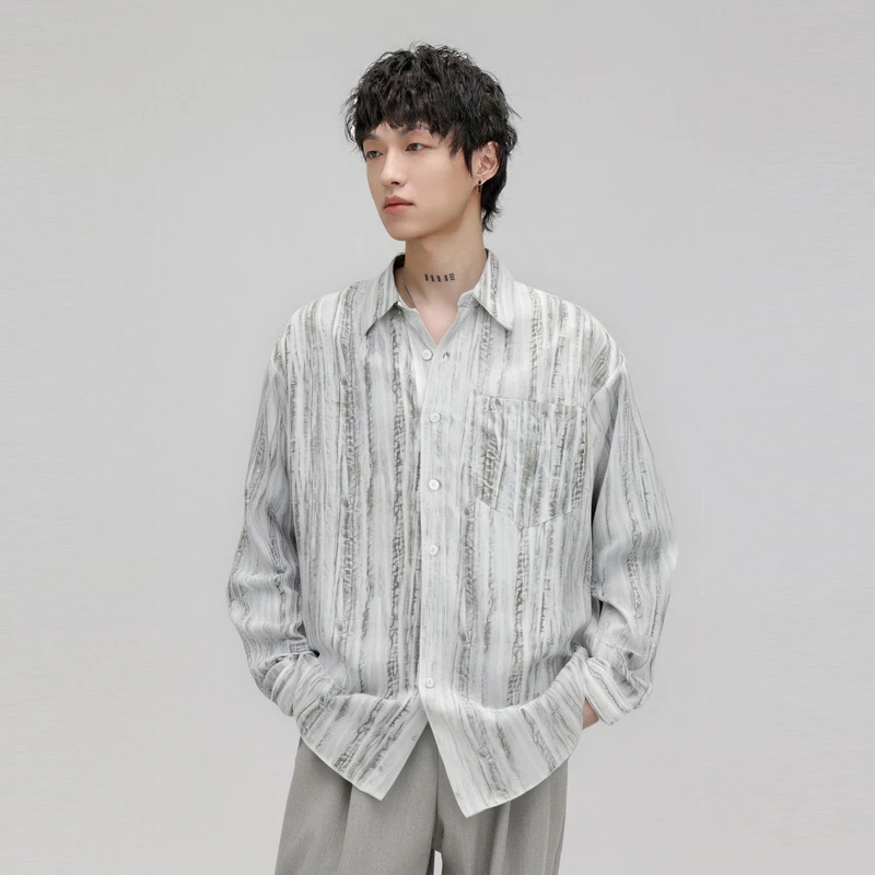 HERBEL/黑白长袖衬衫男士2025年秋季肌理感设计翻领百搭宽松衬衣