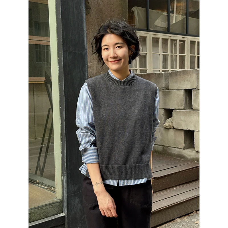 LANGQING 小个子灰色圆领针织马甲女秋装宽松羊毛马夹背心44104#