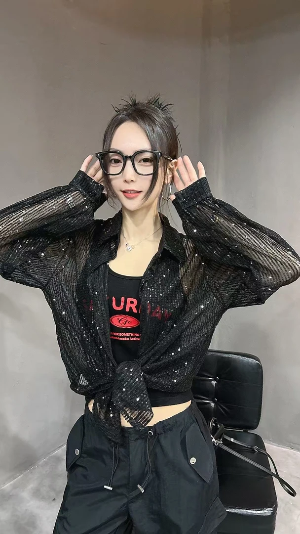 YTJ#7760港风亮片长袖衬衫女半透视设计感小众百搭上衣