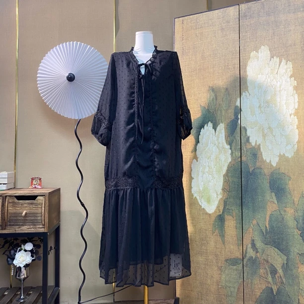 【29】立体提花波点蕾丝拼接黑色连衣裙