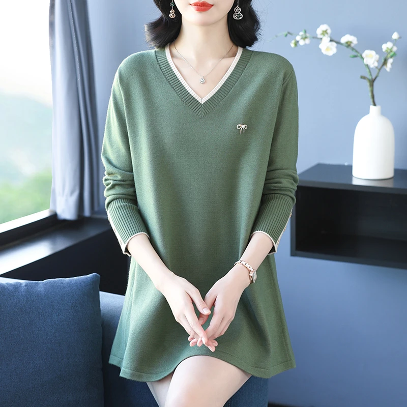 胖mm加大码针织毛衣女中长款宽松时尚V领打底A字裙显瘦春秋季外穿