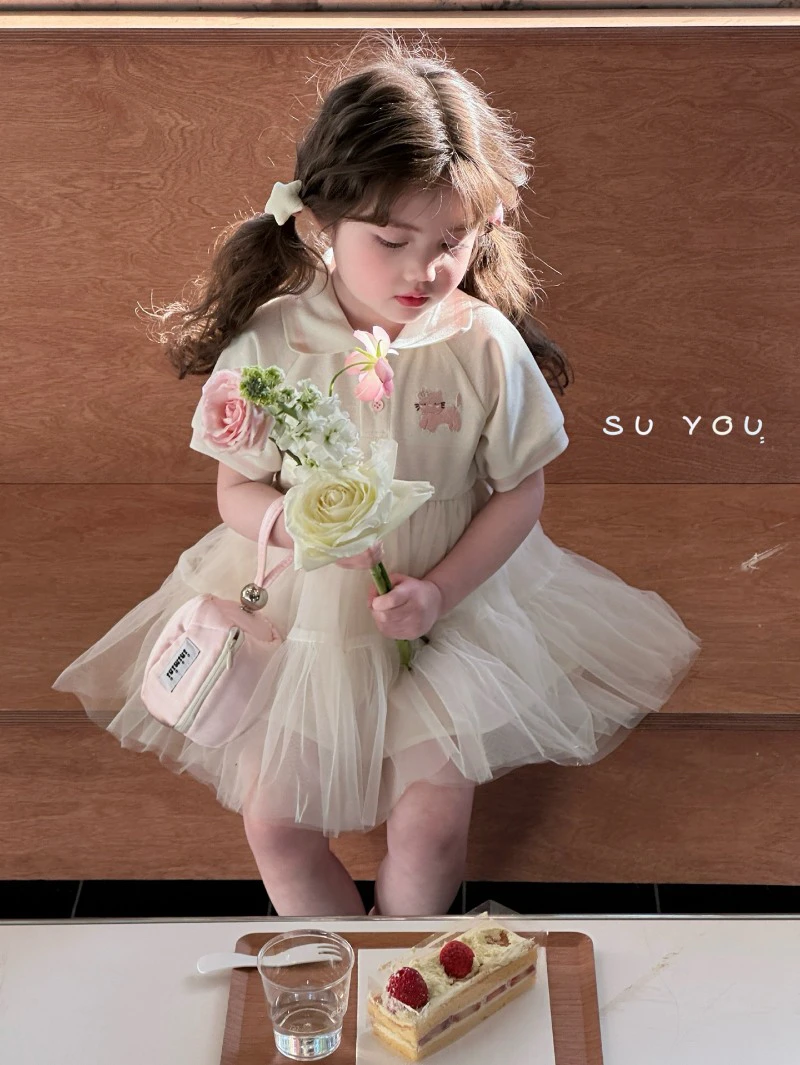 苏右suyou童装2025新款夏季女童连衣裙蓬蓬裙纱裙polo领翻领裙子