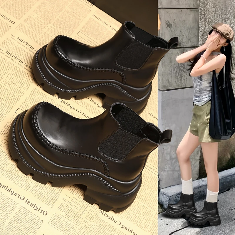 HS0589-33L厚底内增高马丁靴子女2025秋季新款松糕时尚切尔西短靴