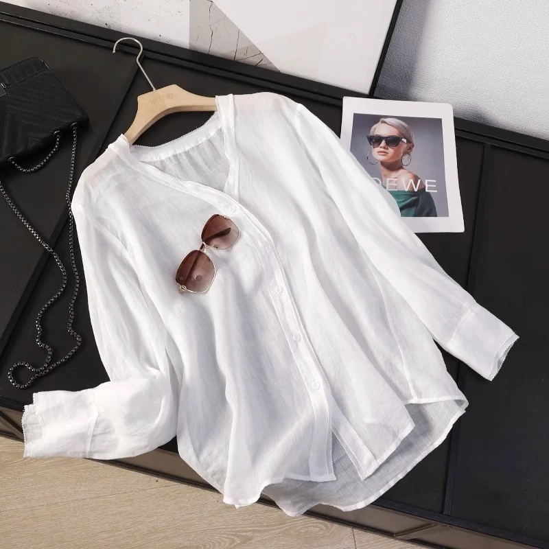 100苎麻v领长袖衬衫女宽松休闲百搭开衫上衣减龄简约轻薄防晒衬衣