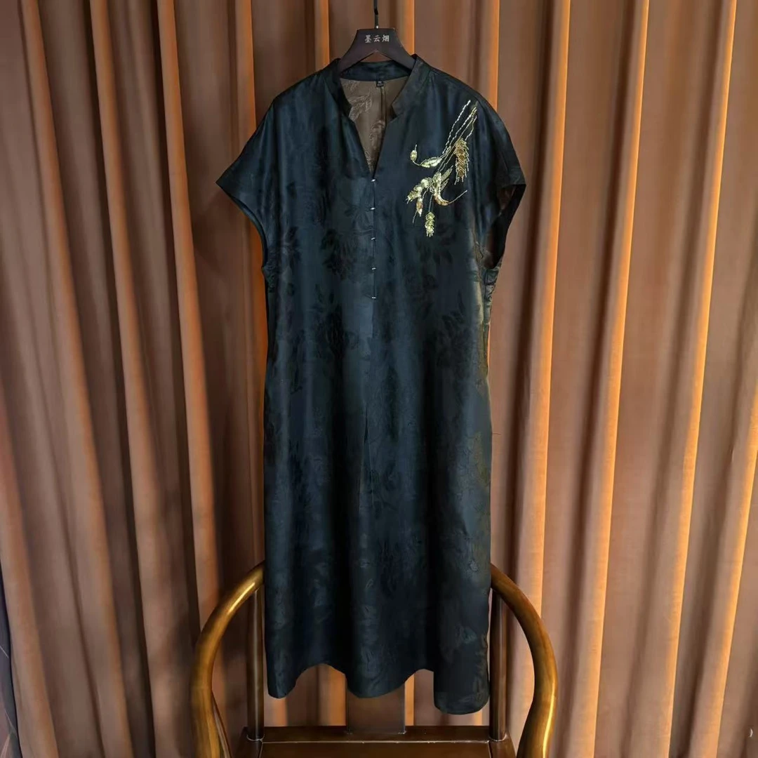 【玄裳】女士精品连衣裙V领设计重磅串珠刺绣气质连衣裙女士长裙