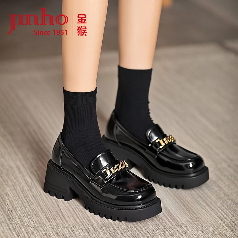 Jinho/金猴女鞋英伦鞋增高厚底乐福鞋春秋女鞋百搭小皮鞋SQ50056A