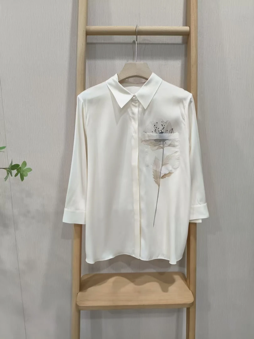 【Hua】779106夏季新款气质百搭POLO领定位花左胸袋桑蚕丝衬衫