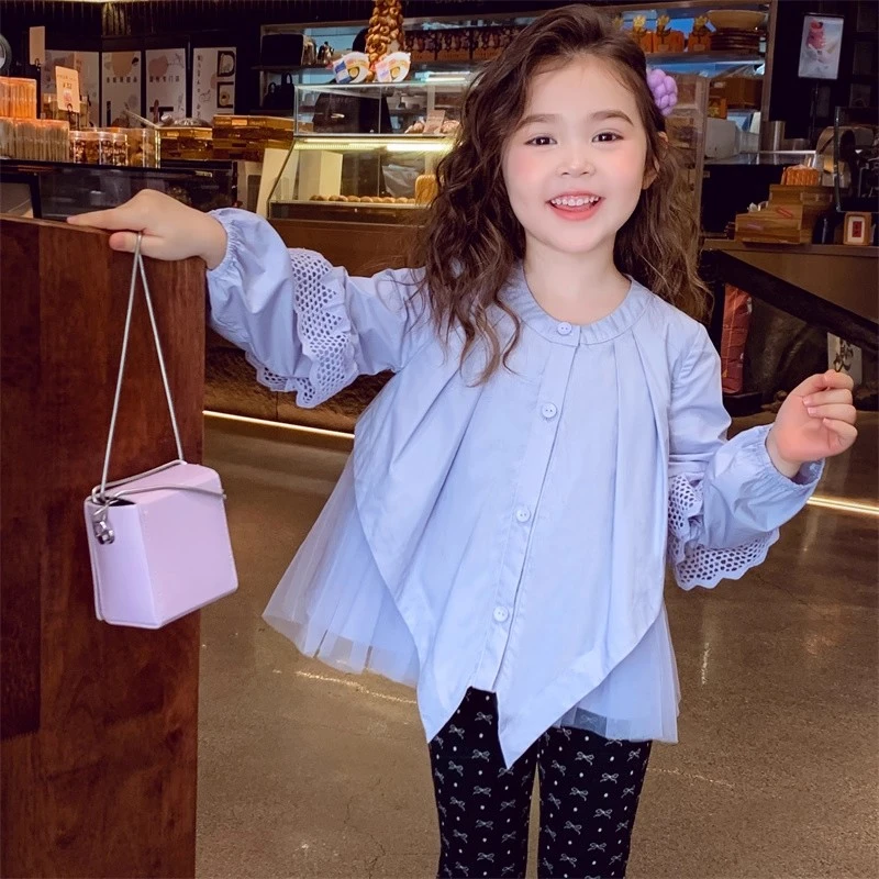 女童衬衫秋装2025新款小女孩上衣洋气儿童拼接网纱衬衣宽松娃娃衫