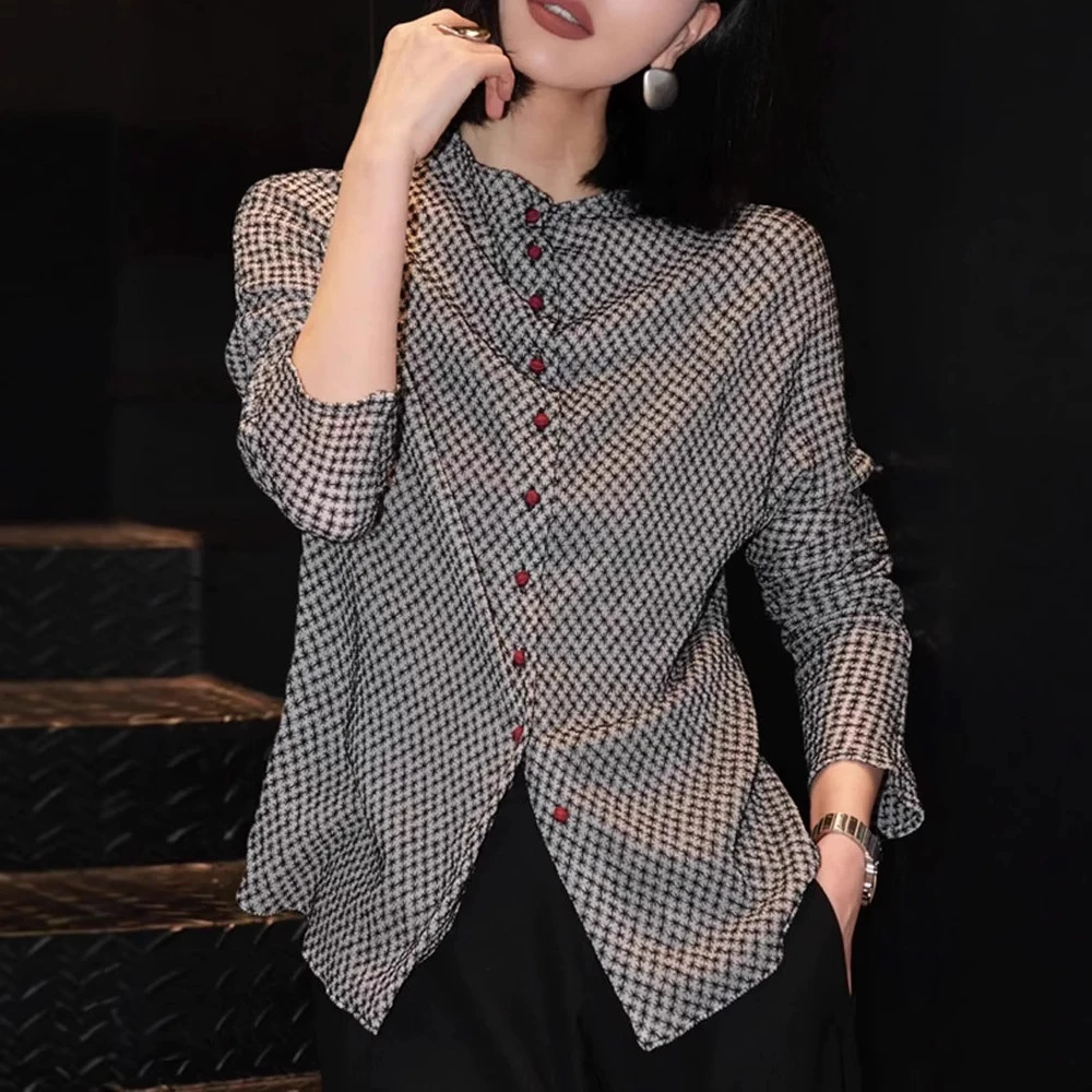 复古休闲风黑白格子衬衫女2025春季新款时尚洋气宽松气质百搭上衣