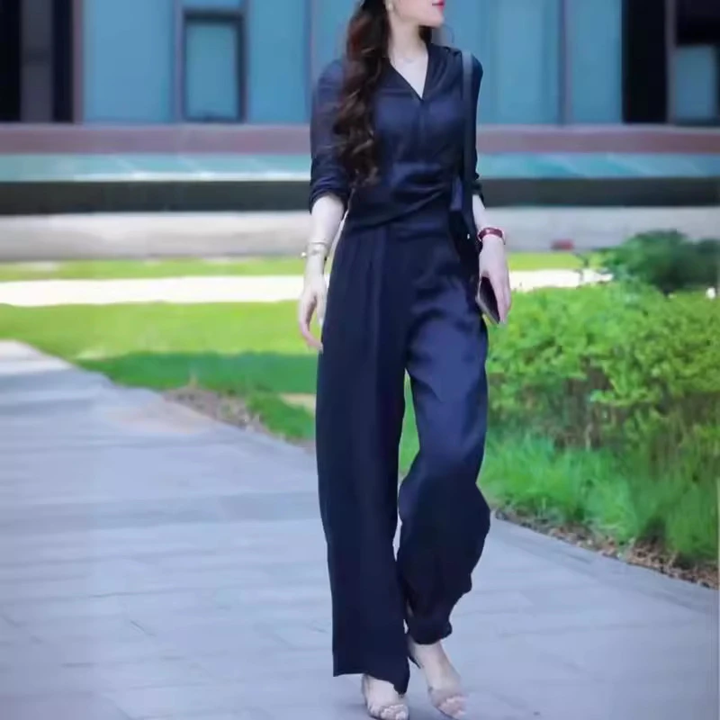 24165 喜迎 2025春季新款高级感V领系带上衣高腰阔腿裤显瘦女