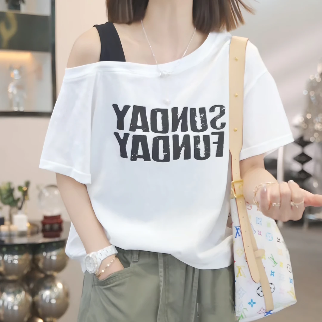 撞色吊带斜领露肩短袖T恤女25夏季新款韩版字母印花时尚百搭上衣