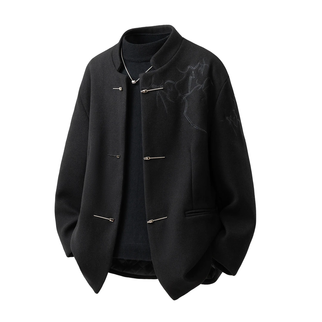 毛呢大衣中国风刺绣立领外套高级中山西服中式宽松休闲气质外套