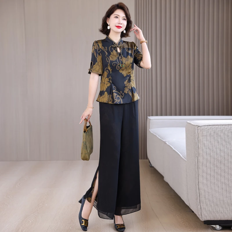 中国风高端改良旗袍印花上衣妈妈套装女夏季复古盘扣九分裤两件套