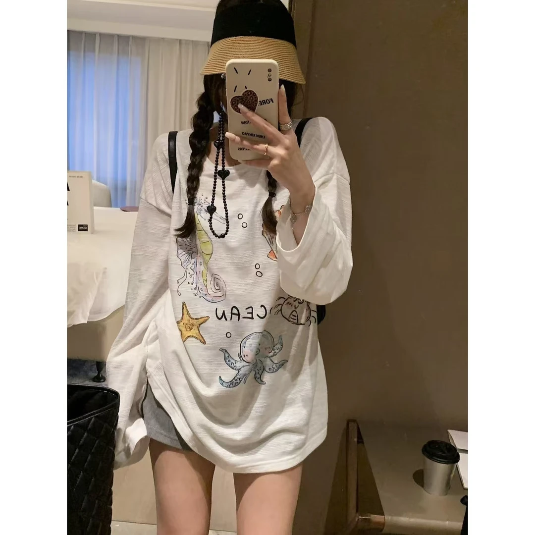 SP【海洋公园】 烫钻工艺海洋防晒罩衫夏日t  美式长袖白色小众