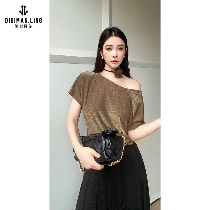【迪丝嫚苓】金色粘纤上衣自带颈花显瘦时尚休闲百搭原创设计师小众