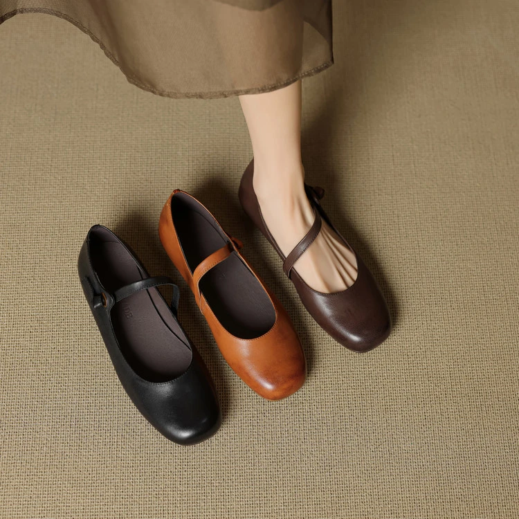 【跟高1.5CM】里外全真皮方头一字带文艺复古平底玛丽珍女鞋