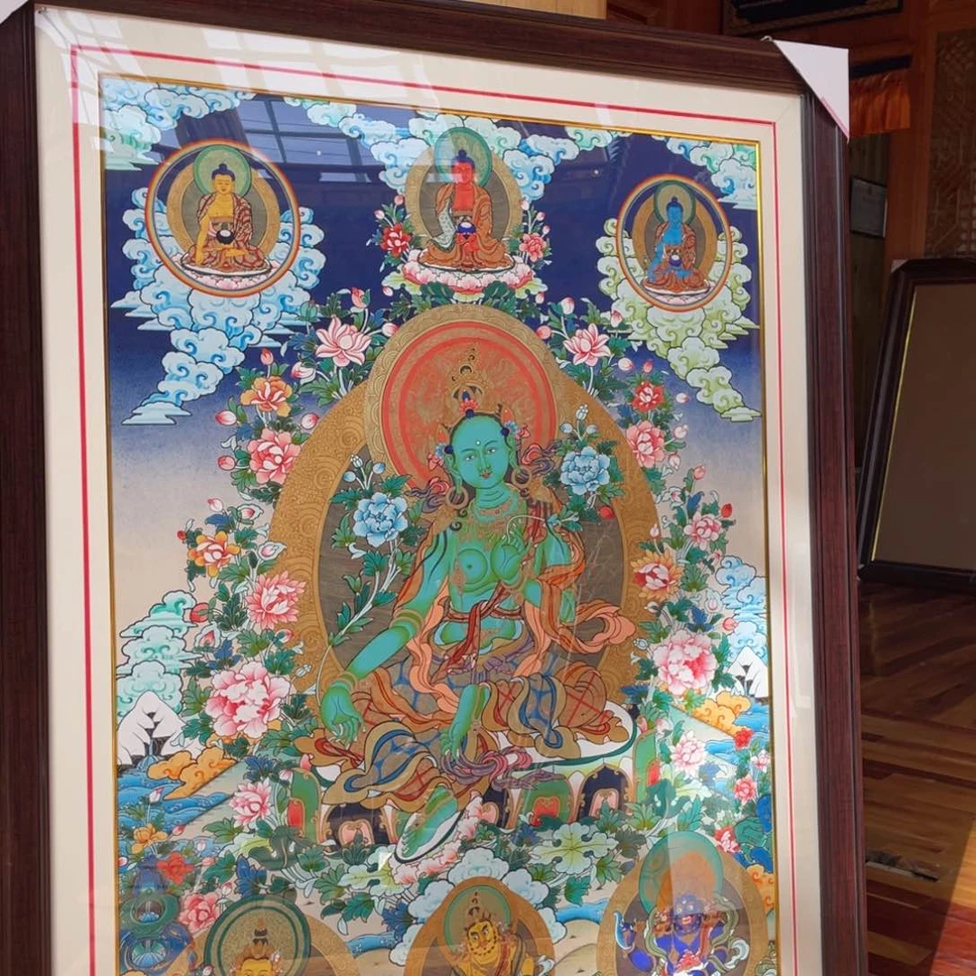 装裱画钓***鱼热贡纯手绘唐卡绿度母