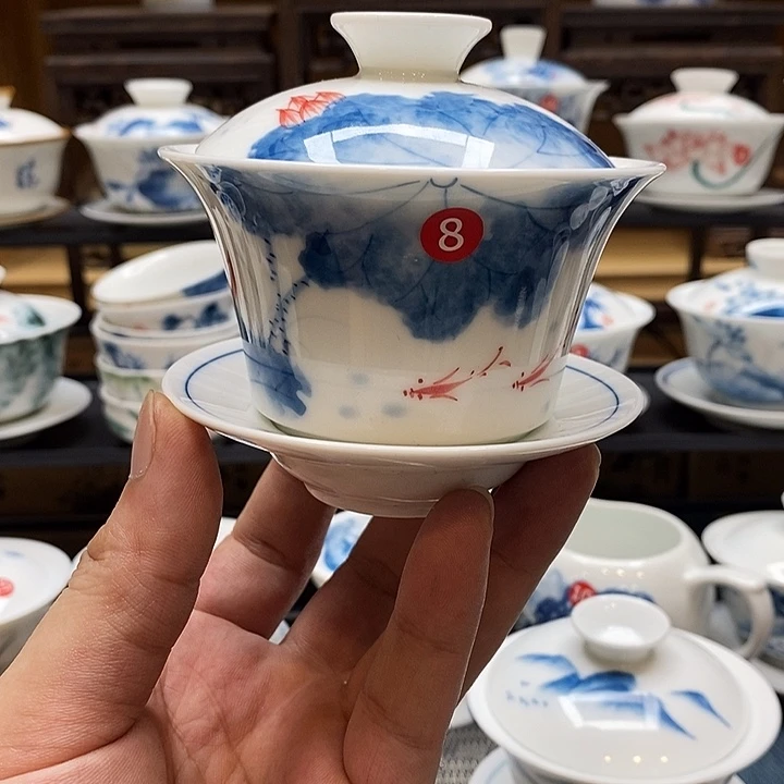 手绘茶具荷花盖碗