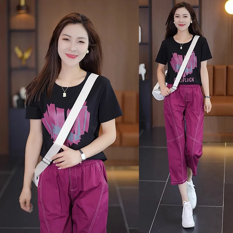 休闲运动服套装女士2025年夏季新款短袖宽松印花T恤+七分裤两件套