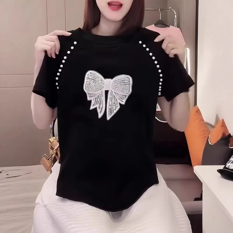 大码女装重工钉珠蝴蝶结短袖t恤2025夏季新款胖MM高级感显瘦上衣