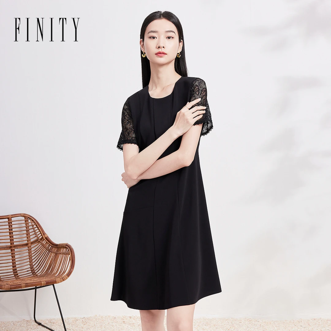 FINITY新款气质连衣裙女显瘦时尚夏季黑色法式宽松收腰蕾丝休闲