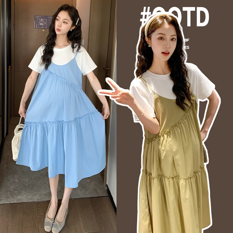 2025新款孕妇装假两件拼接宽松中长款连衣裙女夏季时尚高级感外穿